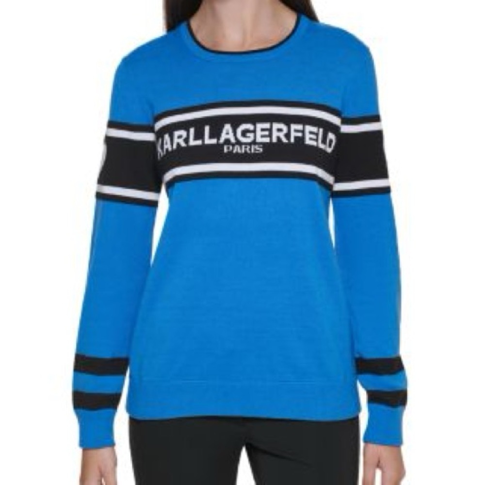 💙 Karl Lagerfeld Paris Blue Logo Crewneck Heart Sleeve Sweater Size M